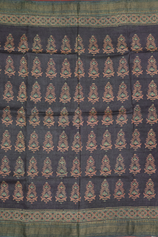Tussar Silk Saree In Charcoal Grey With Printed Motifs