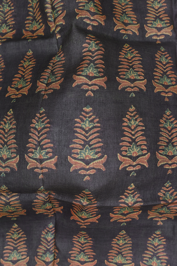 Tussar Silk Saree In Charcoal Grey With Printed Motifs
