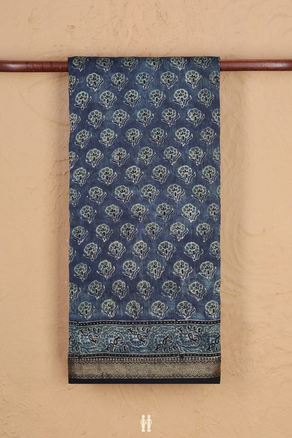 Chanderi Silk Cotton Saree In Oxford Blue With Floral Buttas