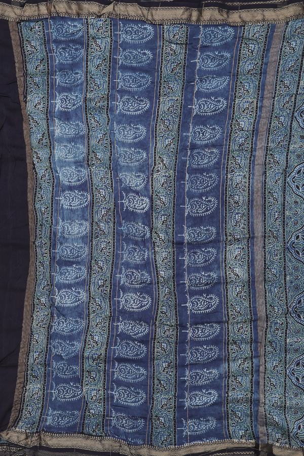 Chanderi Silk Cotton Saree In Oxford Blue With Floral Buttas