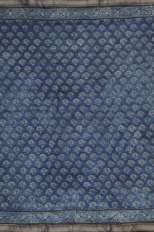Chanderi Silk Cotton Saree In Oxford Blue With Floral Buttas