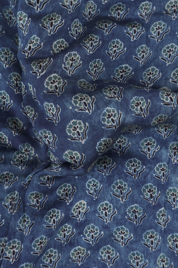 Chanderi Silk Cotton Saree In Oxford Blue With Floral Buttas