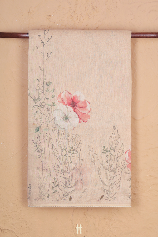 Linen Saree In Cream Color With Floral Border