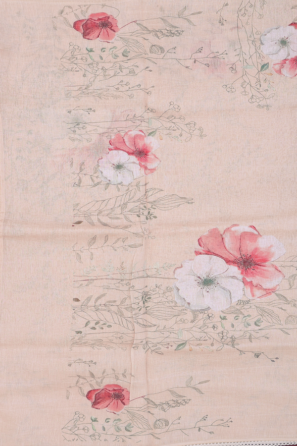 Linen Saree In Cream Color With Floral Border