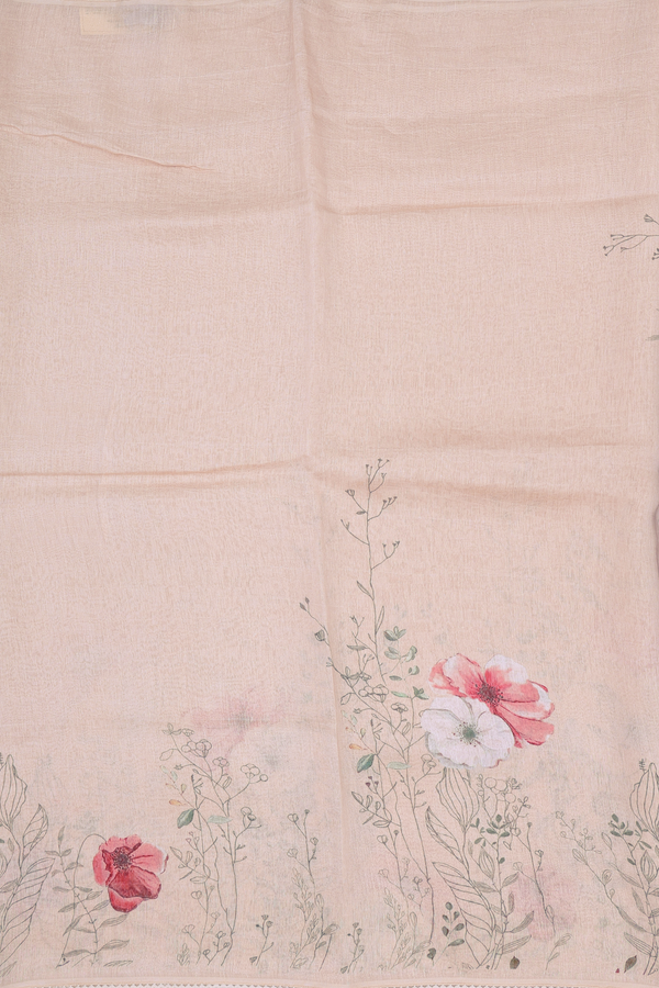 Linen Saree In Cream Color With Floral Border