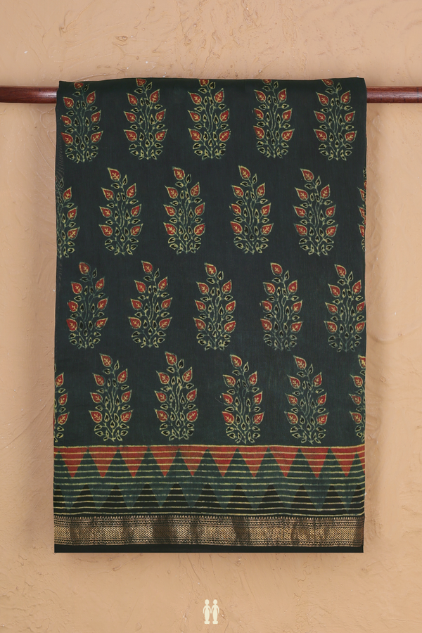 Chanderi Silk Cotton Saree In Dark Green With Printed Design