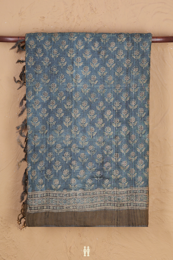 Tussar Silk Saree In Aegean Blue With Floral Buttas