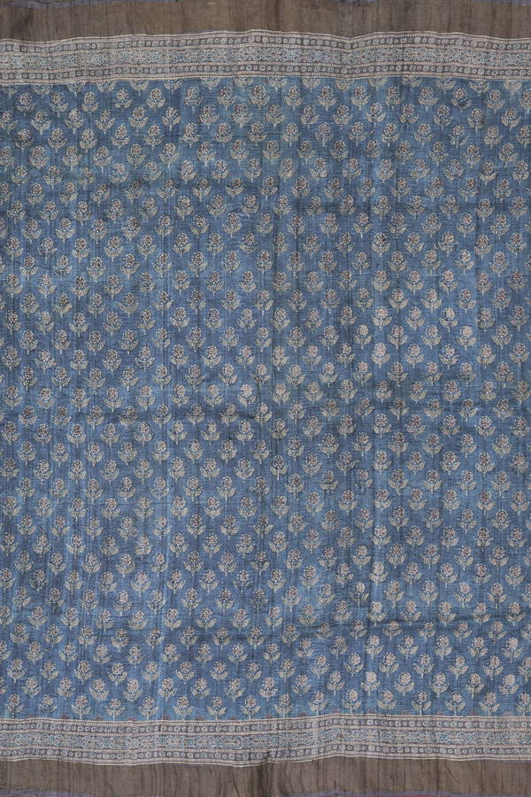 Tussar Silk Saree In Aegean Blue With Floral Buttas