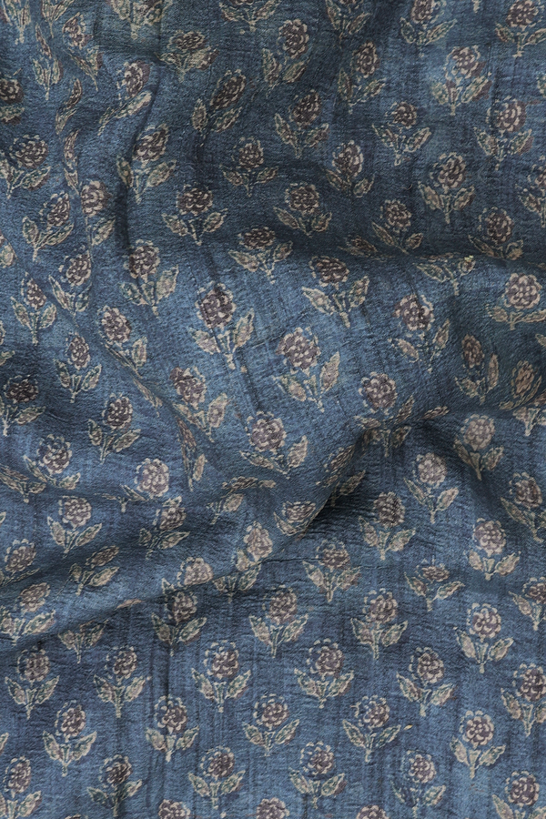 Tussar Silk Saree In Aegean Blue With Floral Buttas