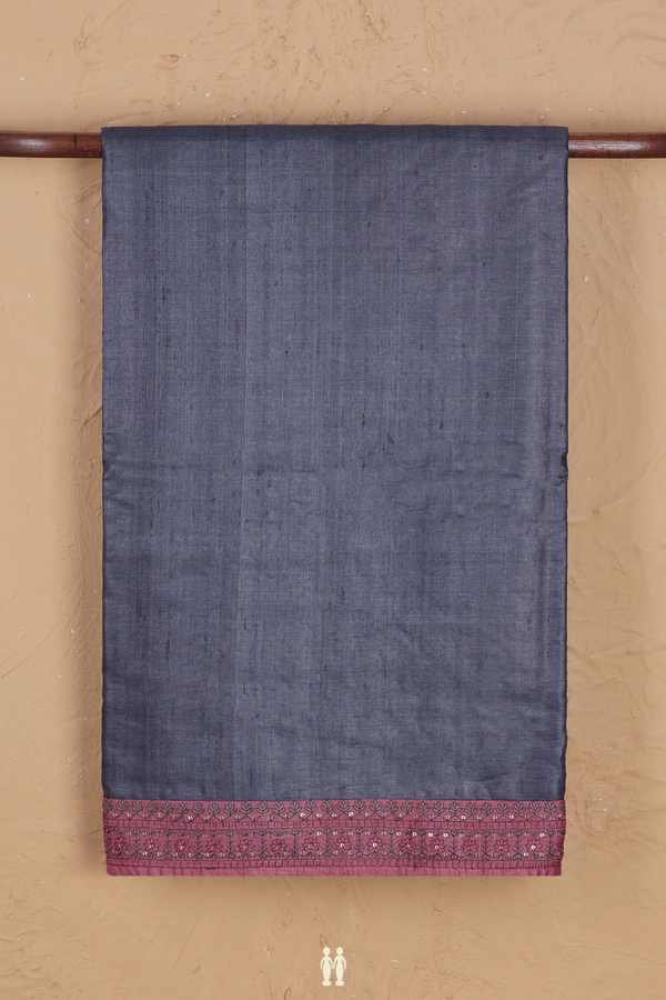 Tussar Silk Saree In Greyish Blue With Contrast Border