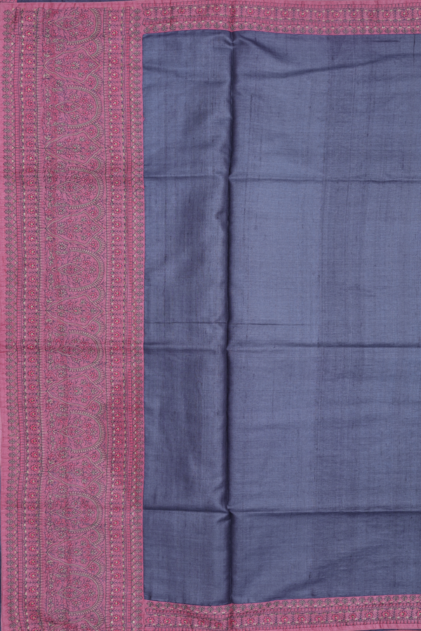 Tussar Silk Saree In Greyish Blue With Contrast Border