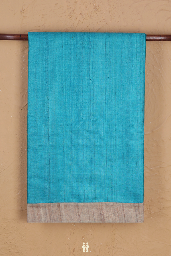 Tussar Silk Saree In Cerulean Blue With Contrast Border