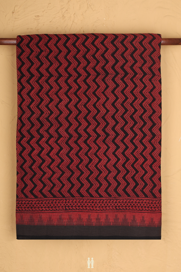 Handloom Khadi Cotton Saree Red And Black With Chevron Design