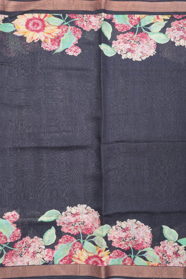 Chanderi Silk Cotton Saree In Charcoal Grey With Floral Design