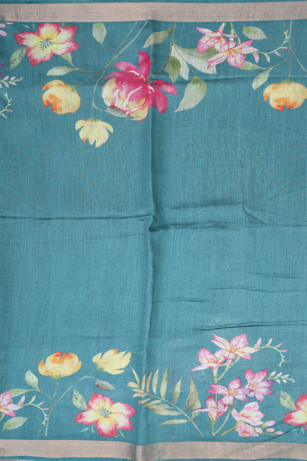Chanderi Silk Cotton Saree In Turkish Blue With Floral Design