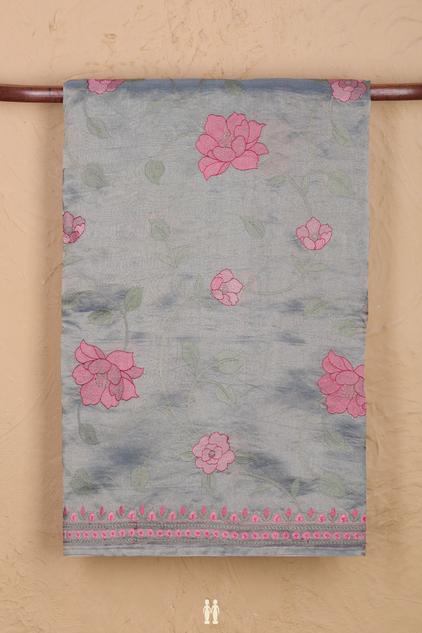 Tussar Silk Saree In Tissue Dusty Blue With Floral Design