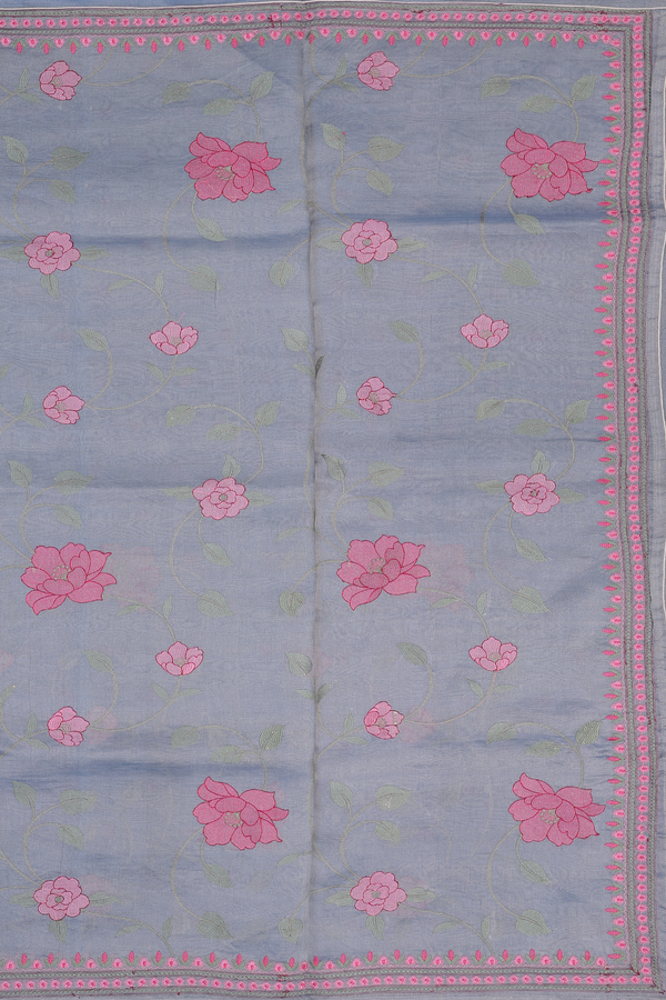 Tussar Silk Saree In Tissue Dusty Blue With Floral Design