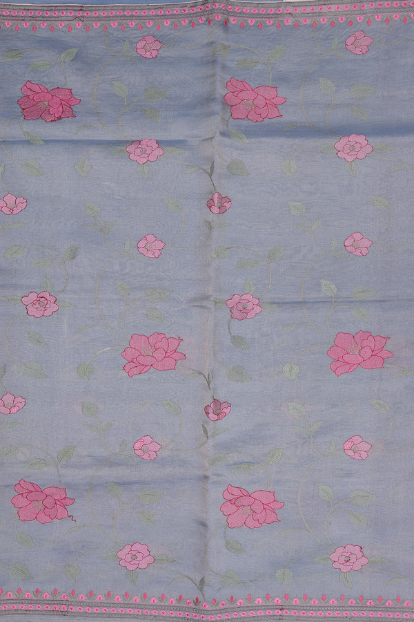 Tussar Silk Saree In Tissue Dusty Blue With Floral Design
