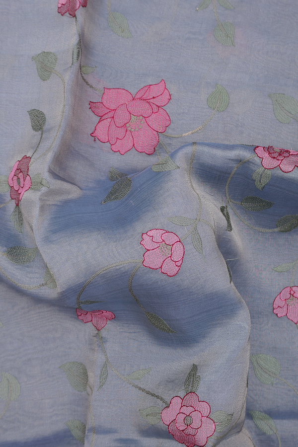 Tussar Silk Saree In Tissue Dusty Blue With Floral Design