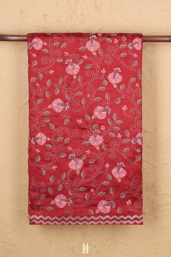 Tussar Silk Saree In Red With Floral Embroidered Design