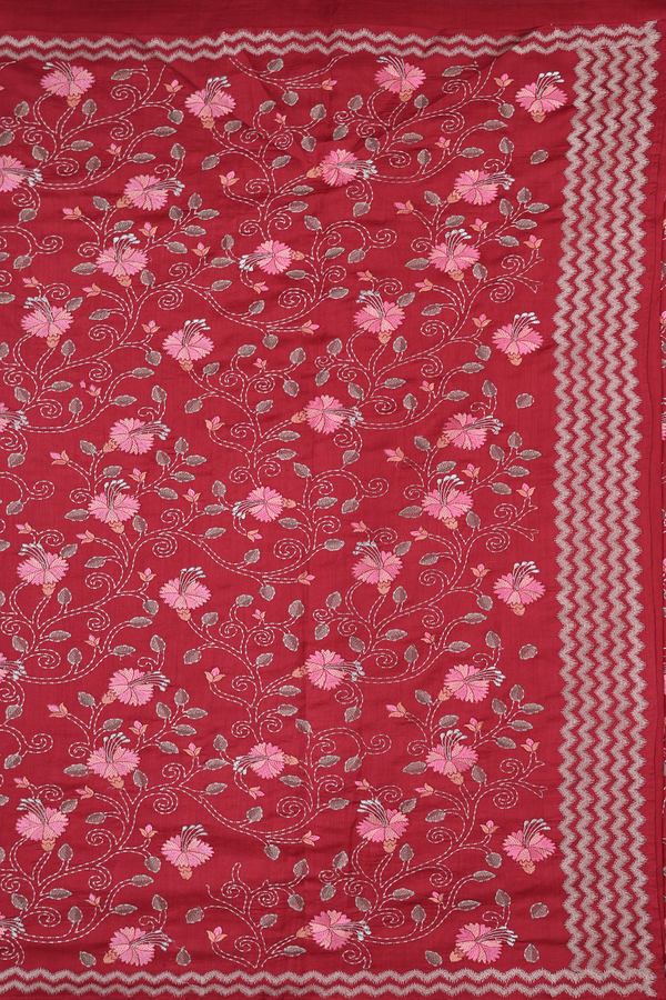 Tussar Silk Saree In Red With Floral Embroidered Design