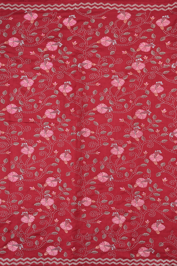 Tussar Silk Saree In Red With Floral Embroidered Design