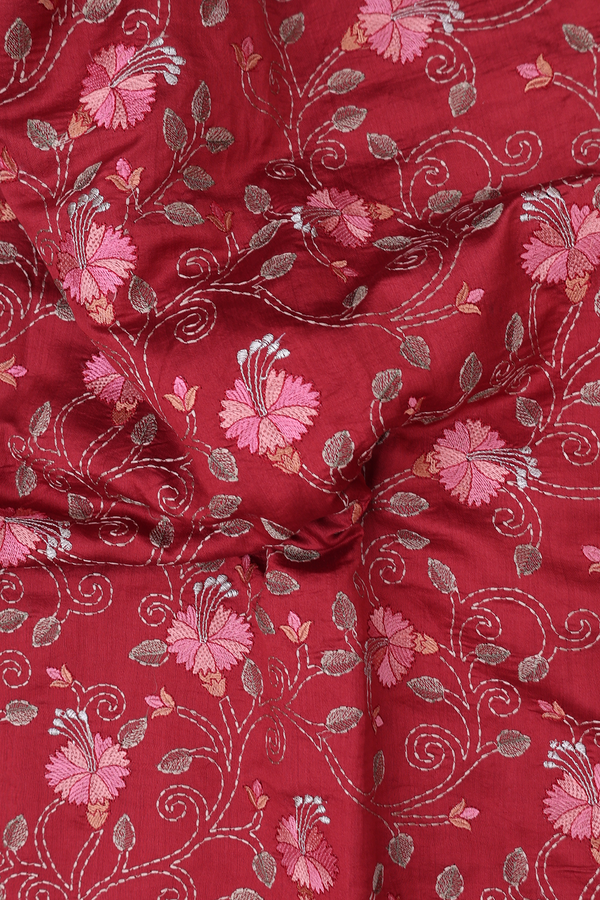 Tussar Silk Saree In Red With Floral Embroidered Design