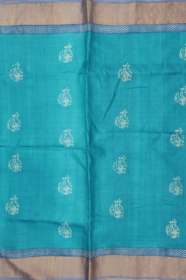Tussar Silk Saree In Cerulean Blue With Printed Buttas