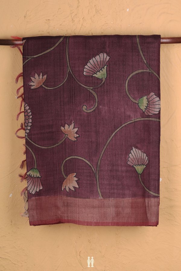 Tussar Silk Saree In Plum Purple With Floral Design