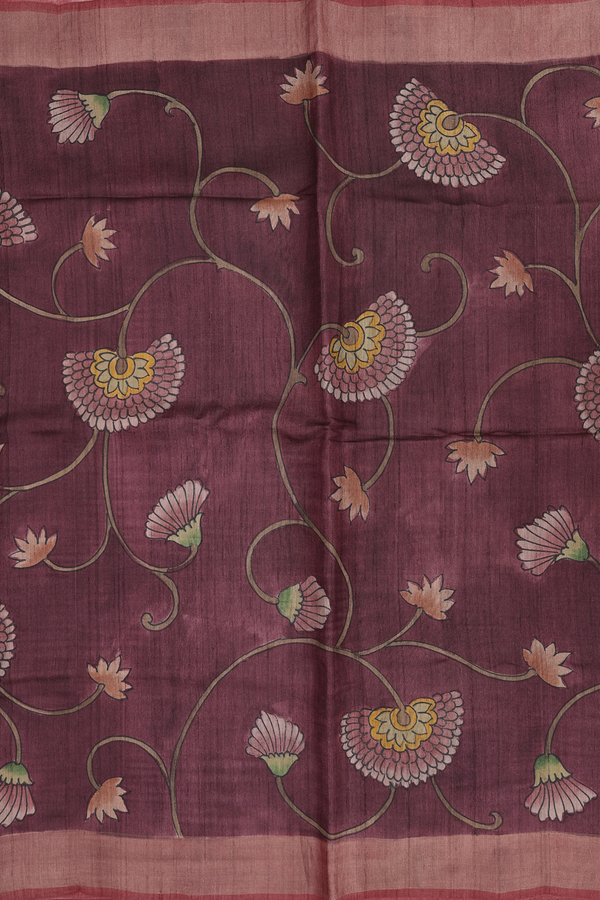Tussar Silk Saree In Plum Purple With Floral Design