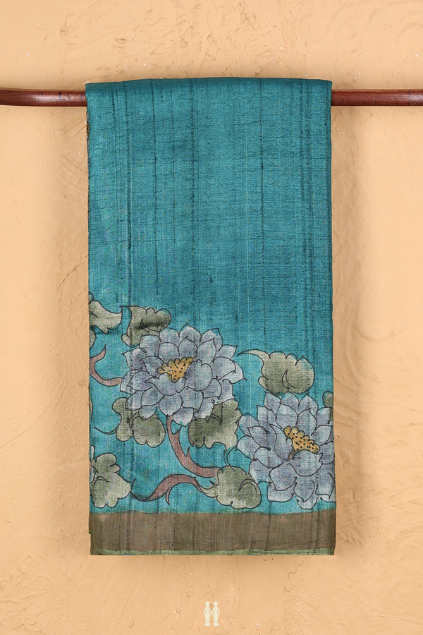 Tussar Silk Saree In Teal Blue With Floral Design