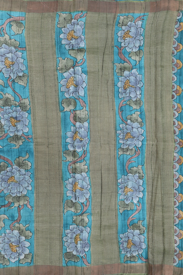 Tussar Silk Saree In Teal Blue With Floral Design