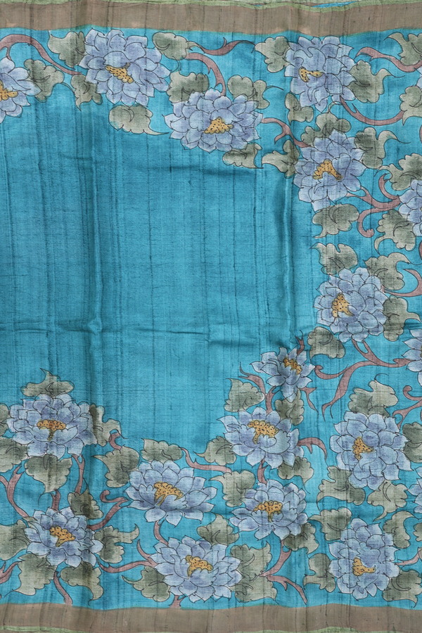 Tussar Silk Saree In Teal Blue With Floral Design
