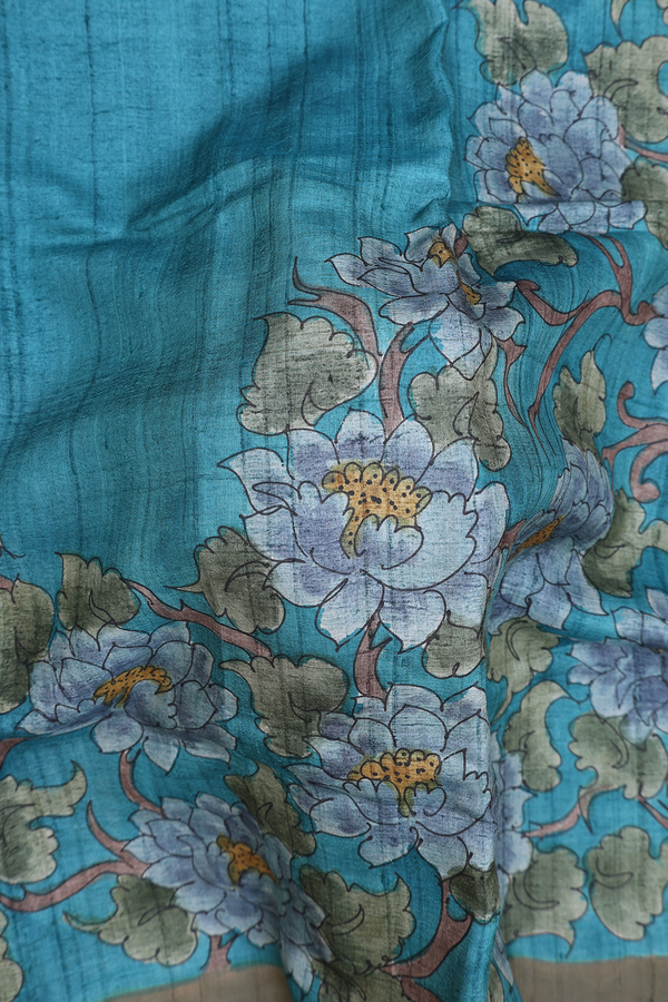 Tussar Silk Saree In Teal Blue With Floral Design