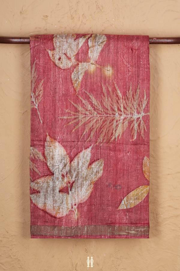 Tussar Silk Saree In Red With Leaf Design