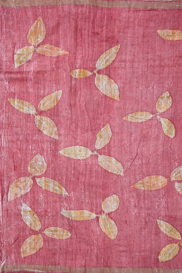 Tussar Silk Saree In Red With Leaf Design