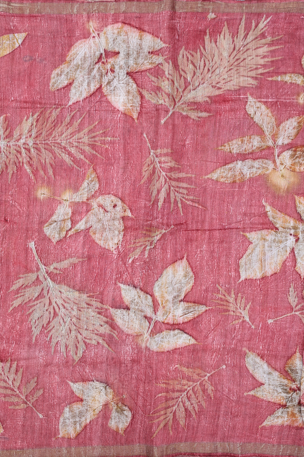 Tussar Silk Saree In Red With Leaf Design
