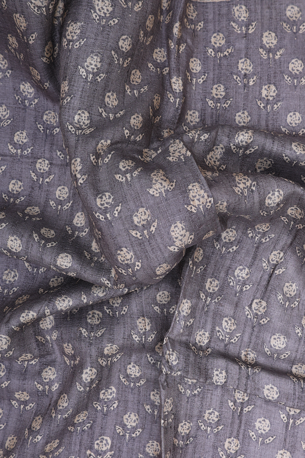 Tussar Silk Saree In Grey With Floral Buttas