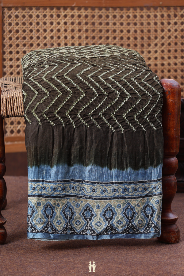 Bandhani Silk Saree In Dark Olive Green With Chevron Design