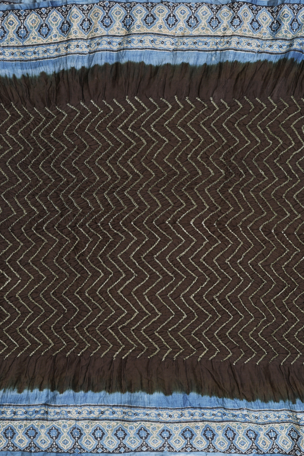 Bandhani Silk Saree In Dark Olive Green With Chevron Design