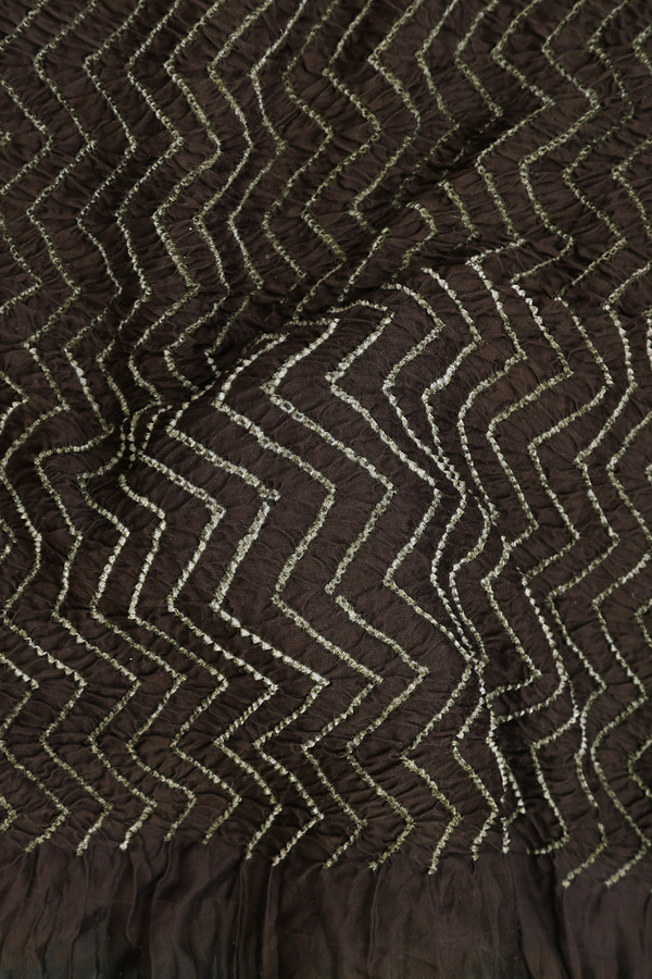 Bandhani Silk Saree In Dark Olive Green With Chevron Design