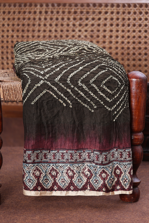 Bandhani Silk Saree In Dark Olive Green With Tie And Dye Design