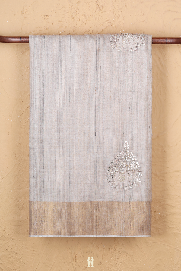 Tussar Silk Saree In Cream Color With Elephant Design
