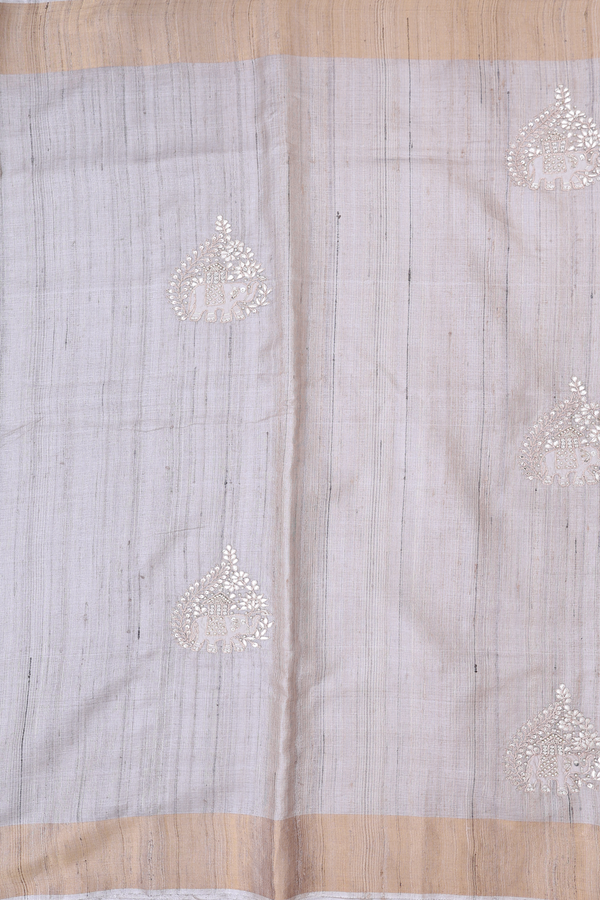Tussar Silk Saree In Cream Color With Elephant Design