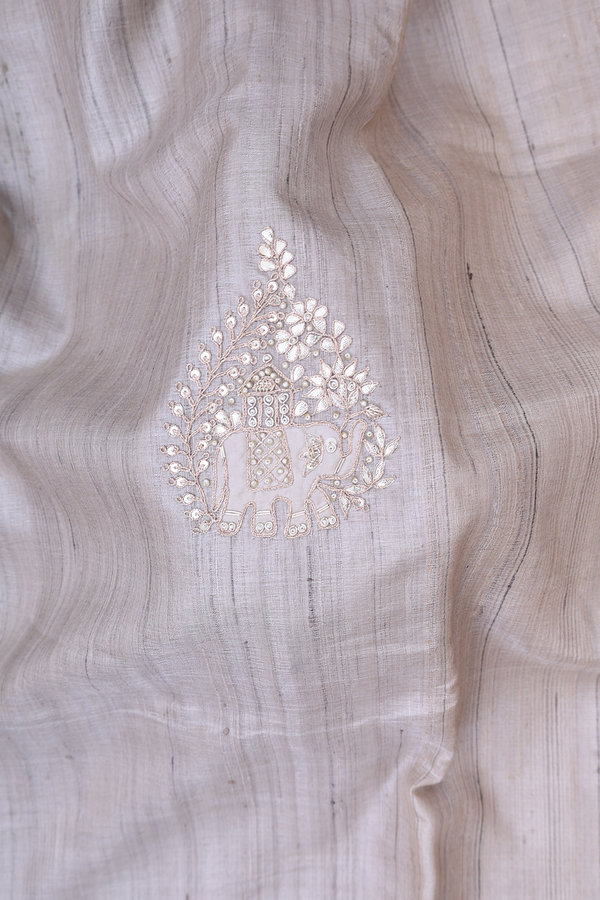 Tussar Silk Saree In Cream Color With Elephant Design