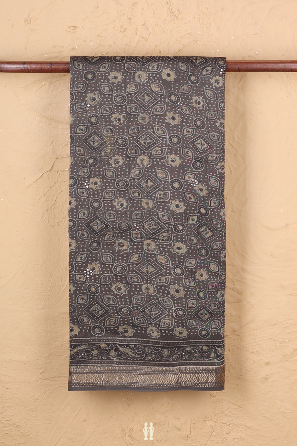 Chanderi Silk Cotton Saree In Oxford Brown With Ajrakh Printed