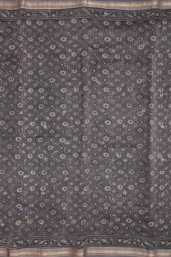 Chanderi Silk Cotton Saree In Oxford Brown With Ajrakh Printed