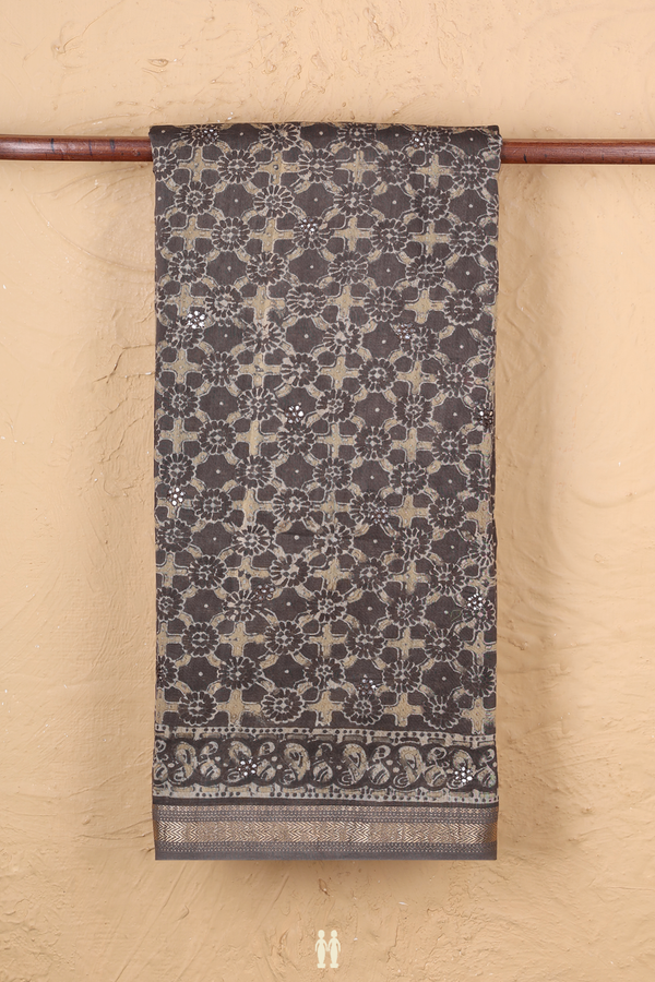 Chanderi Silk Cotton Saree Oxford Brown With Printed Design