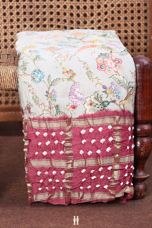 Bandhani Silk Saree In Grey With Floral Design