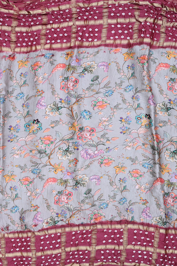 Bandhani Silk Saree In Grey With Floral Design